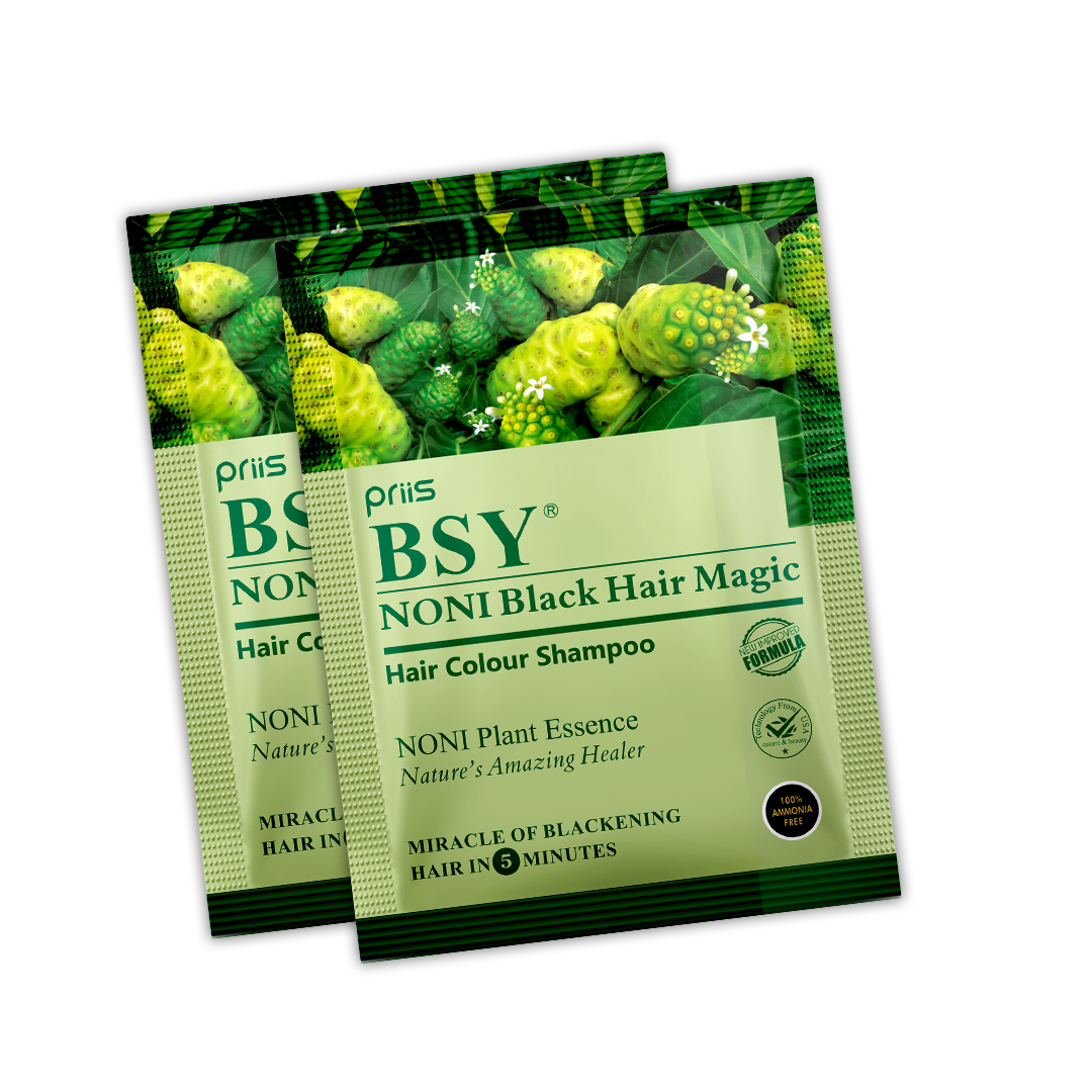 BSY Noni Black Hair Magic Hair color shampoo (20ml x 10 Sachets) | 5 Minutes Hair Colour | Noni Fruit Hair Dye
