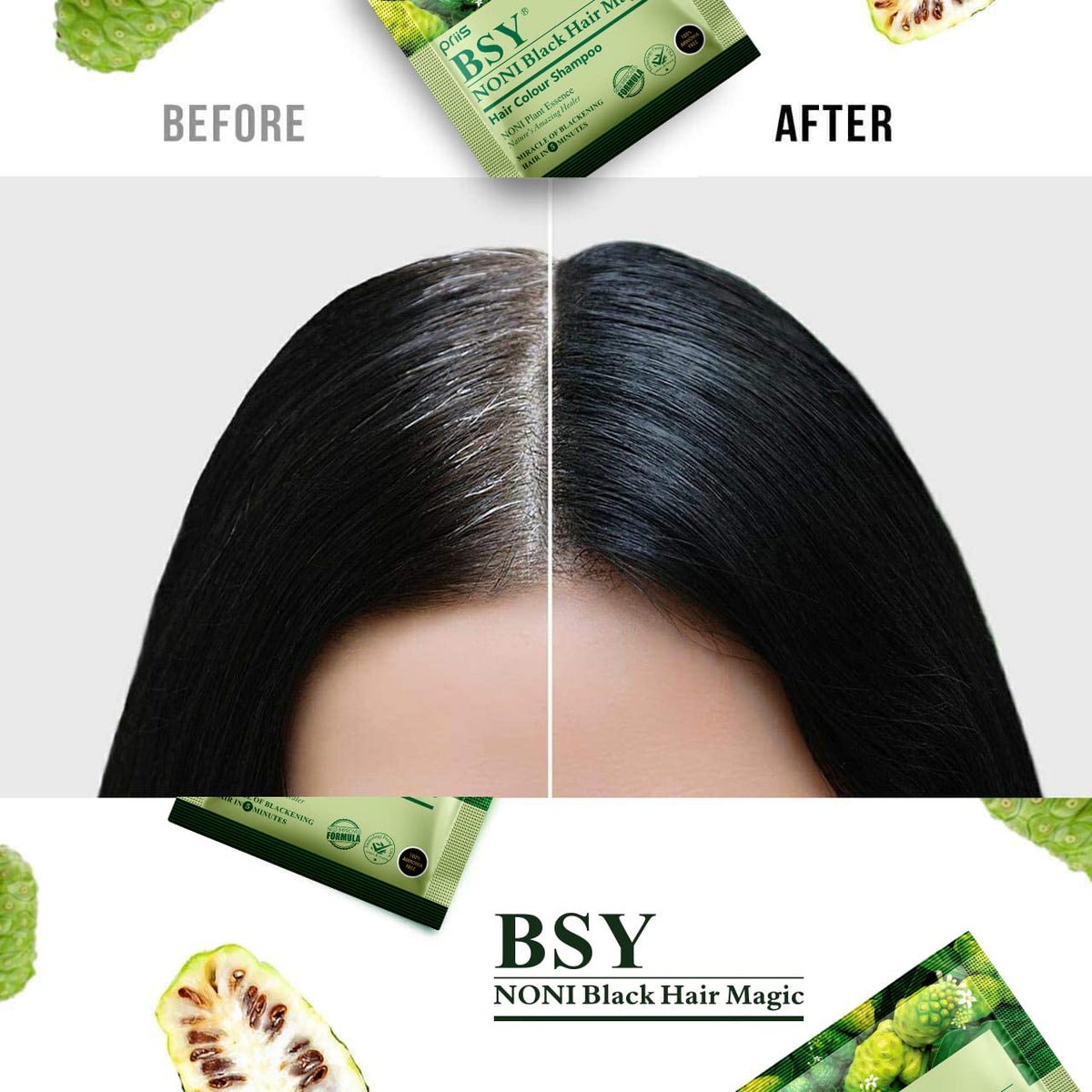 BSY Noni Black Hair Magic Hair color shampoo (12ml x 24 Sachets) | 5 Minutes Hair Colour | Noni Fruit Hair Dye