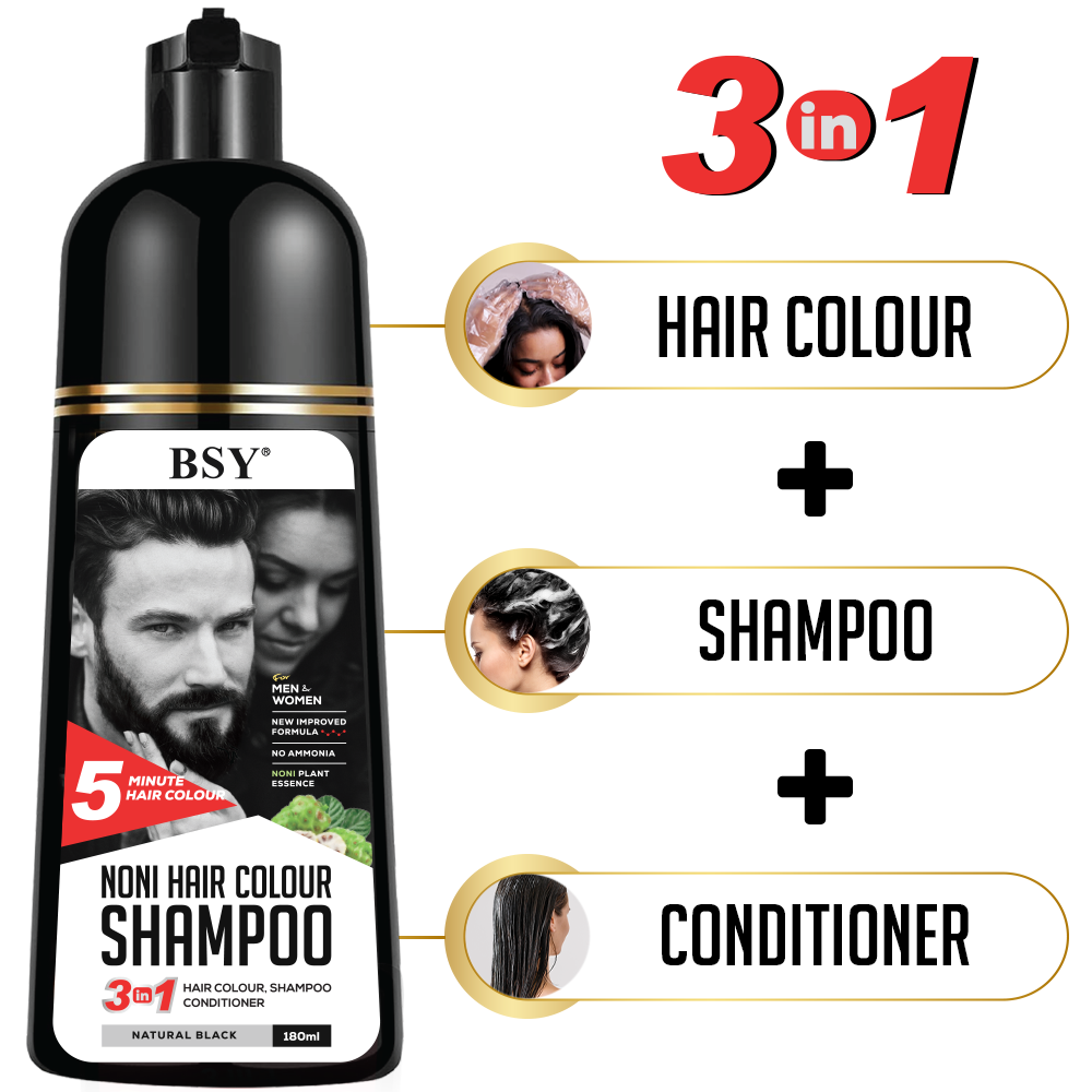 BSY Noni Natural Black Hair color shampoo - 6 fl oz | No Ammonia | 3 in 1 - Hair Dye Shampoo, conditioner for women | Noni Fruit Hair Dye for Men | 5 Minutes Hair Color