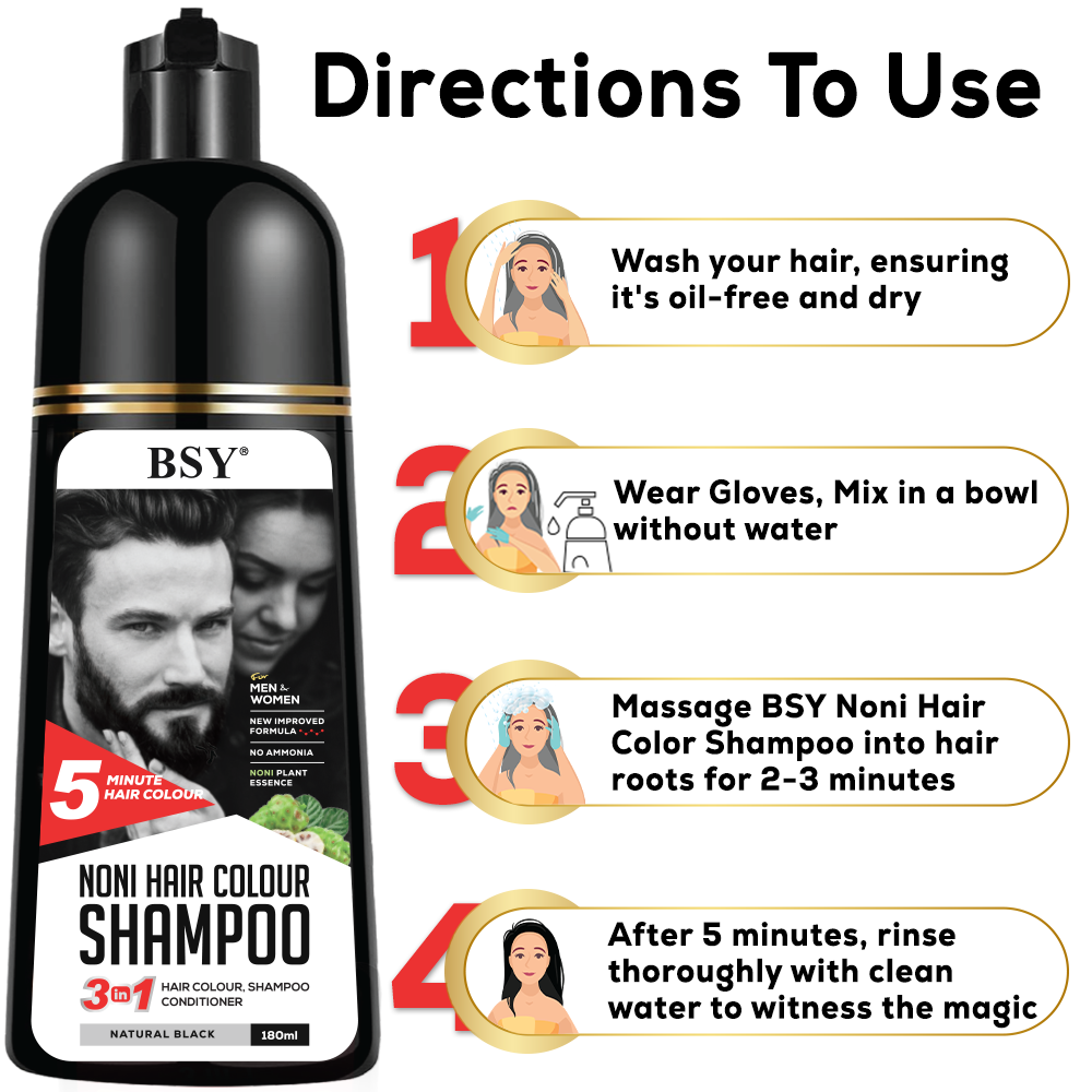 BSY Noni Natural Black Hair color shampoo - 6 fl oz | No Ammonia | 3 in 1 - Hair Dye Shampoo, conditioner for women | Noni Fruit Hair Dye for Men | 5 Minutes Hair Color