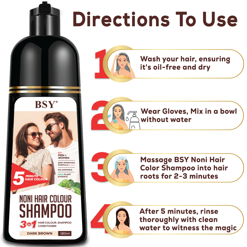 BSY Noni Dark Brown Hair colour shampoo -6 fl oz | No Ammonia | 3 in 1 - Hair Dye Shampoo, Conditioner for women | Noni Fruit Hair Dye for Men | 5 Minutes Hair Color