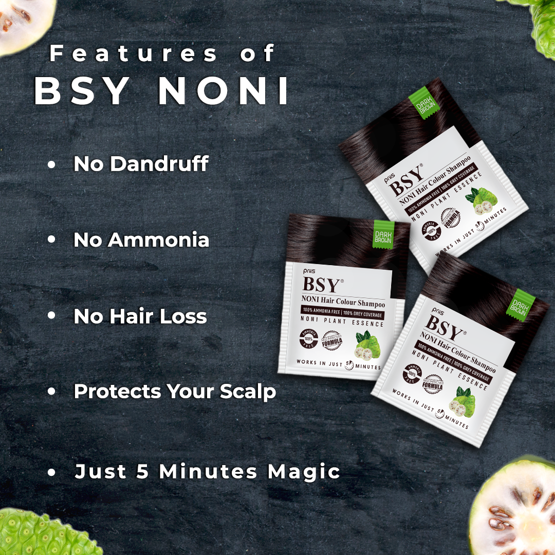 BSY Noni Dark Brown Hair color shampoo (20ml x 20 Sachets) | 5 Minutes Hair Colour | Noni Fruit Hair Dye